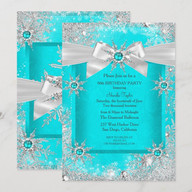 Invitation Noël Turquoise Paysage Hivernal Flocon de Neige Ar (Devant / Derrière)