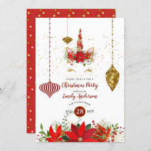 Invitation Noël Unicorne Face Party Red Gold Fun moderne