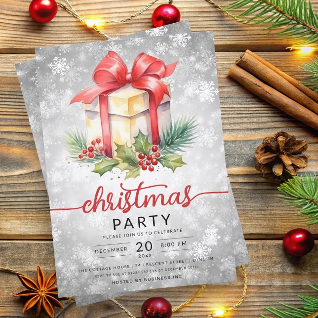 Invitation Noël Vacances Aquarelle Société Neige Argent (Christmas Holiday Watercolor Company Snow Silver Invitation)