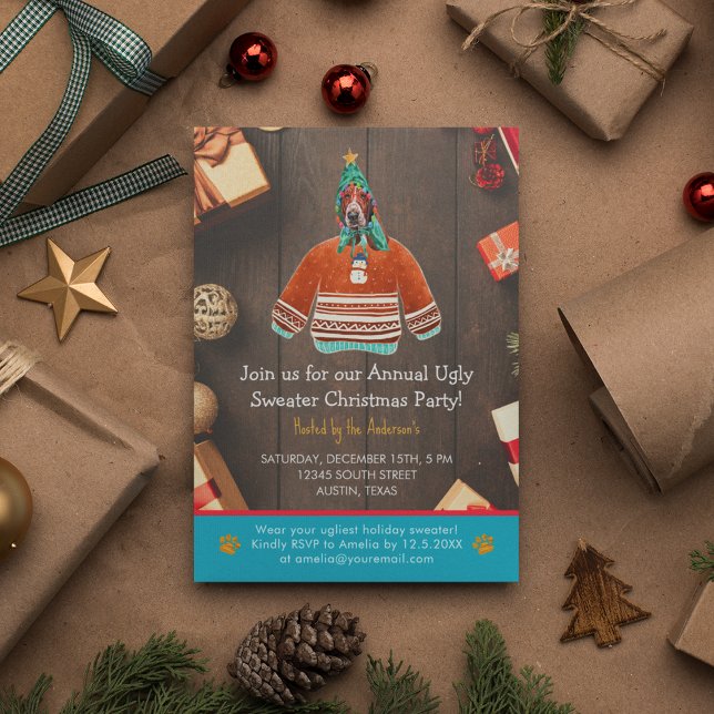 Invitation Noël Vacances Basset Hound Fête Douce moche (Front)