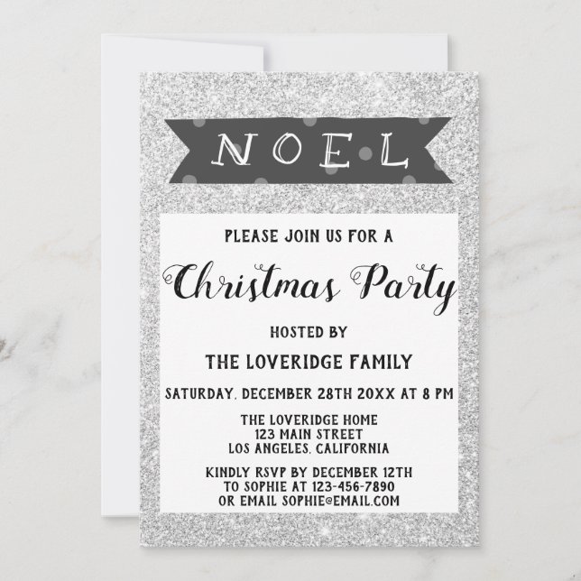 Invitation Noël Vacances Fête de Noël Paillettes Gris Argent (Devant)