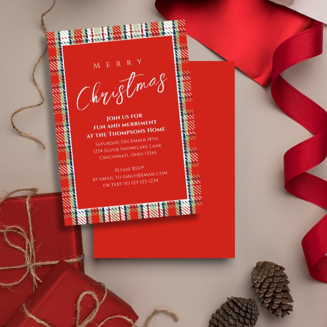 Invitation Noël Vacances Simple Red Winter Festive Plaid (Merry Christmas holiday festive red plaid background with stylish calligraphy script. )