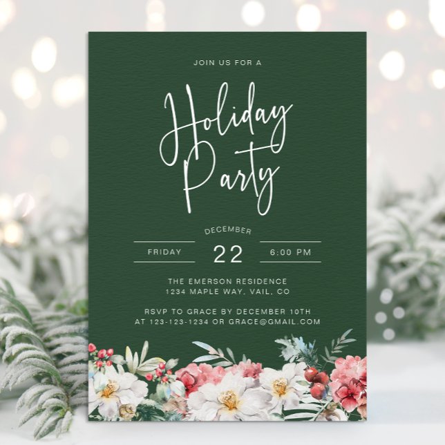 Invitation Noël vert Fête botanique des Fêtes (Elegant Green Holiday Party Invitation Watercolor Botanical Floral Berries)