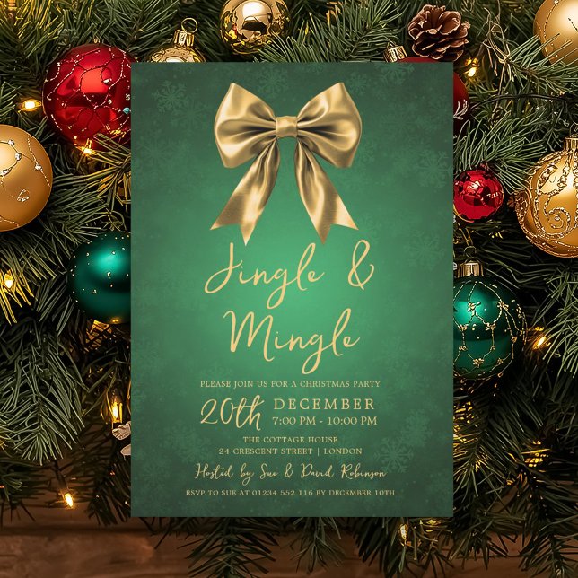 Invitation Noël Vert Jingle Mingle Fête Ruban Neige  (Gold Green Jingle Mingle Christmas Party Bow Snow Invitation)