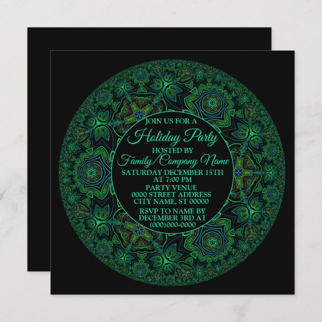 Invitation Noël Vert Mandala Fête Noir (Devant / Derrière)