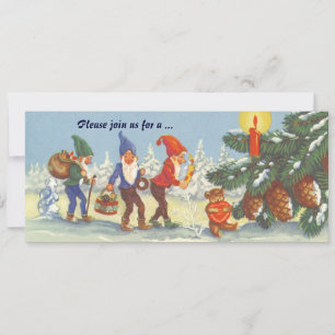 Invitation Noël vintage, elfes dans la forêt de neige hiver