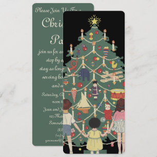 Invitation Noël vintage Enfants autour d'un arbre décoré