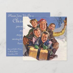 Invitation Noël vintage, famille heureuse faisant de la luge