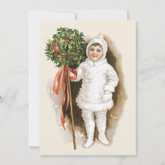 Invitation Noël vintage, fille victorienne avec houx