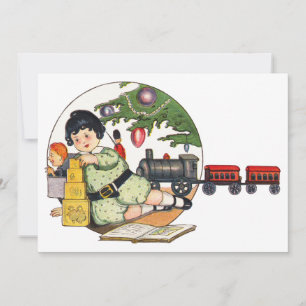 Invitation Noël vintage, garçon heureux jouant avec des jouet