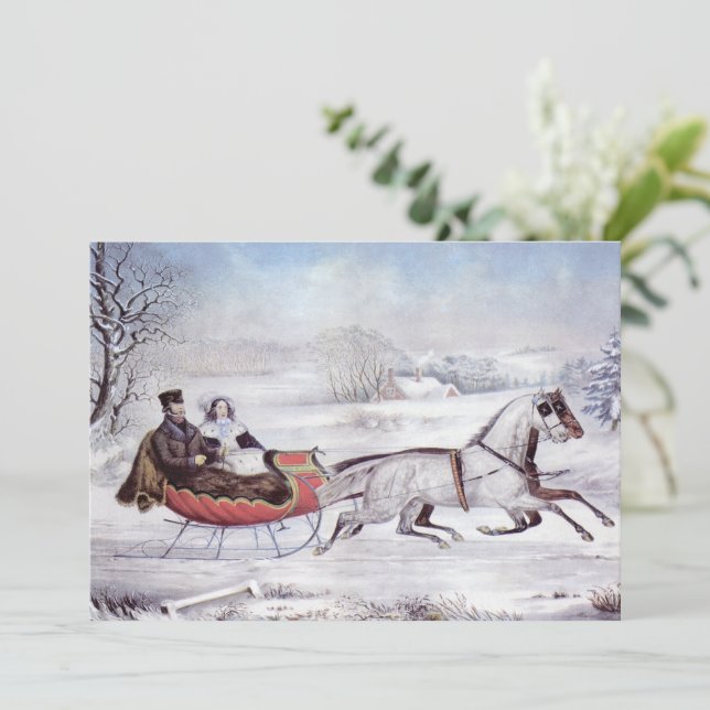 Invitation Noël Vintage, La Route Hiver, Cheval Sleigh (Debout devant)