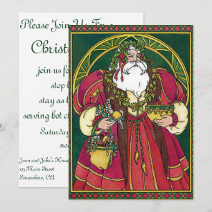 Invitation Noël vintage, Père Noël avec feuilles de houx