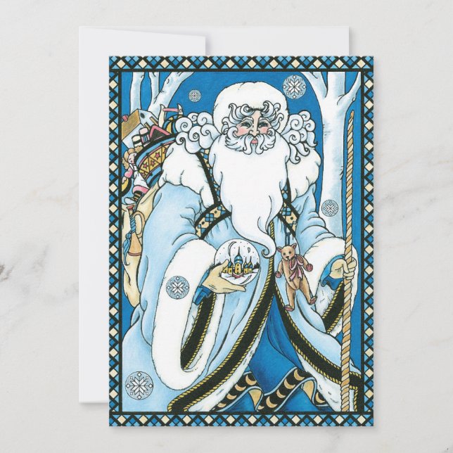 Invitation Noël Vintage, Père Noël Bleu avec Snowglobe (Devant)