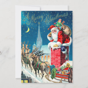 Invitation Noël Vintage Père Noël victorien sur Chimney