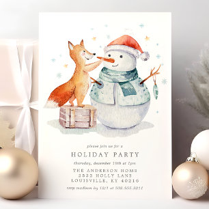 Invitation Noël Watercolor Fox Snowman Fête