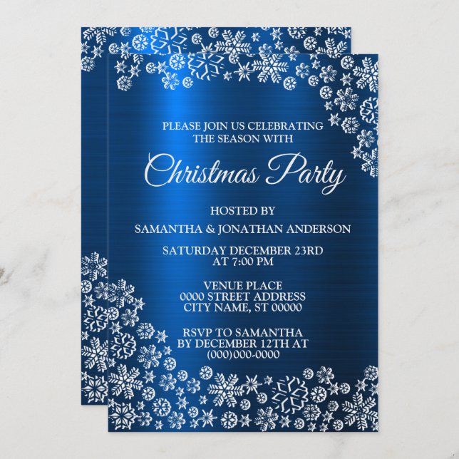 Invitation Noël White Snowflakes Marine Blue Holidays (Devant / Derrière)