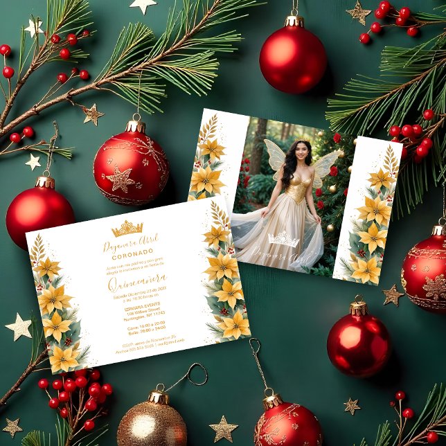 Invitation Noëls Poinsettias Inspirations Florales (Christmas Faux Golden Poinsettias Inspirations Chic Floral Spanish Photo Mis XV Invitations Cards.)