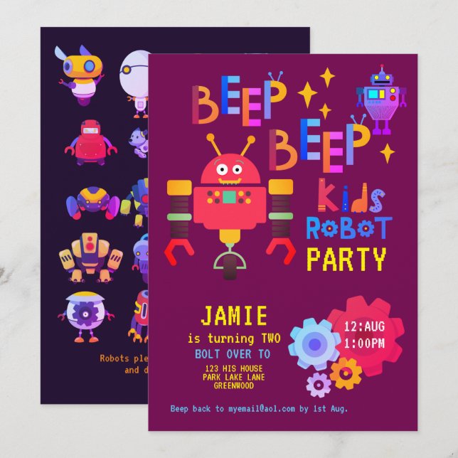 Invitation NOEON ROBOT 2e fête d'anniversaire garçon fille dr (Devant / Derrière)