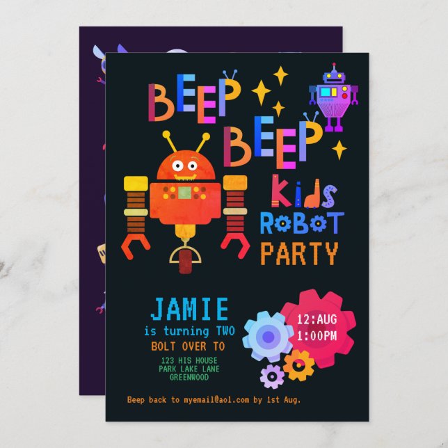 Invitation NOEON ROBOT 2e fête d'anniversaire garçon fille dr (Devant / Derrière)
