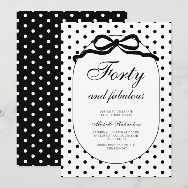 Invitation Noeud à pois Quarante ans et fabuleux 40e annivers (Devant / Derrière)