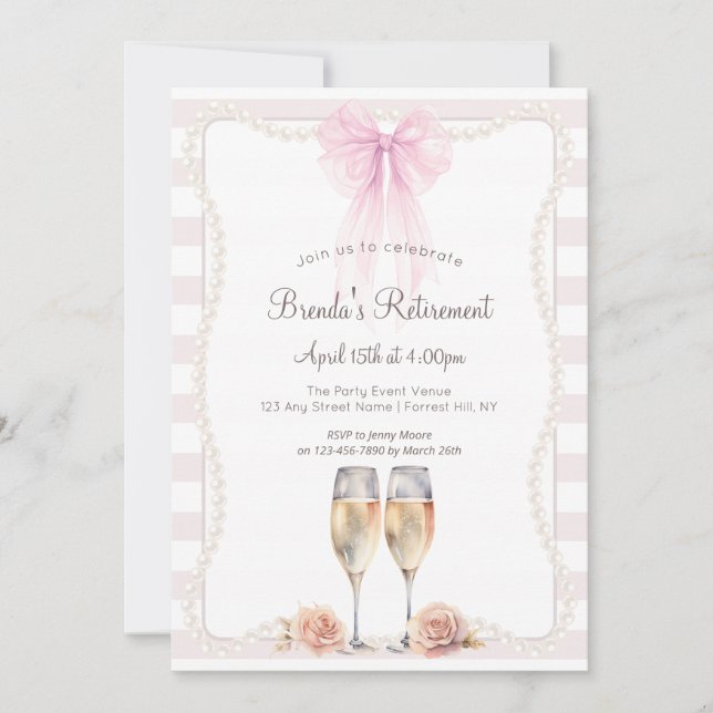 Invitation Nœud à rayures roses Perles Fête de retraite (Devant)