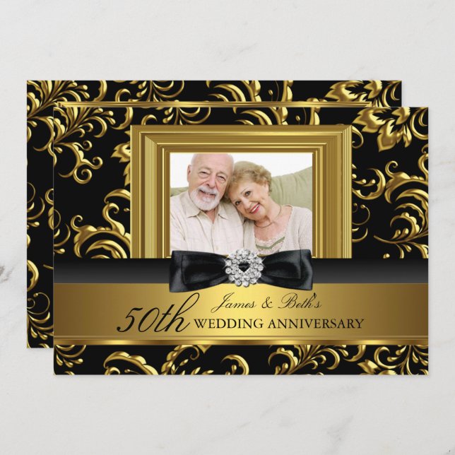 Invitation Nœud à tourbillon floral Photo 50e anniversaire de (Devant / Derrière)