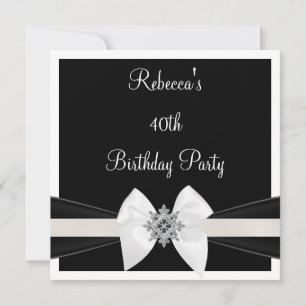 Invitation Nœud Bijou Noir Blanc 40ème Élégante Fête d'Annive