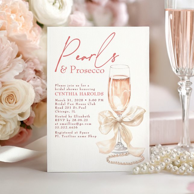 Invitation Nœud Blanc Perles & Prosecco Rosé Enterrement de V (Creamy White and Blush Bow Pearls and Prosecco Bridal Shower Invitation)