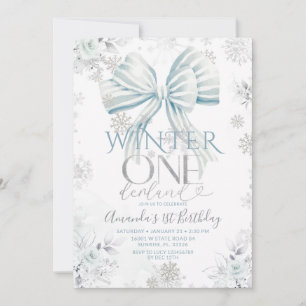 Invitation Nœud Bleu Argent Neige Hiver Onederland Anniversai