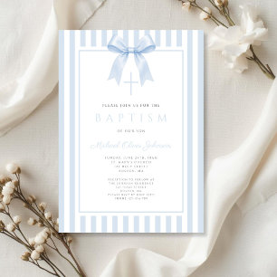 Invitation Nœud bleu bébé élégant 2 Baptême garçon