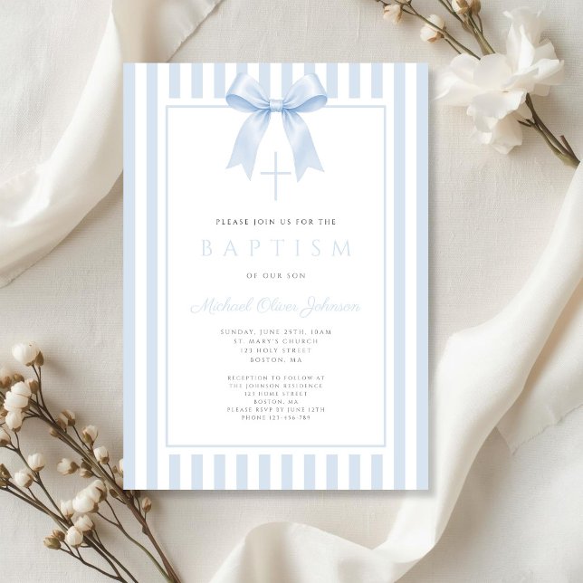 Invitation Nœud bleu bébé élégant 2 Baptême garçon (Elegant Baby Blue Bow 2 Boy Baptism Invitation)