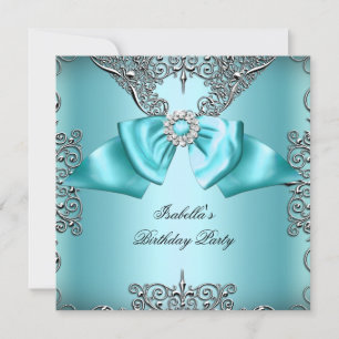 Invitation Nœud Bleu Canard Diamant Argent Élégant Anniversai