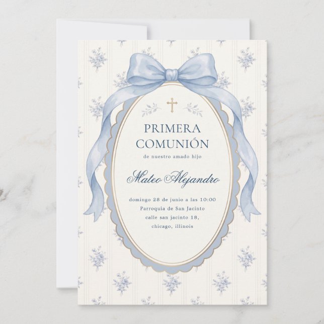 Invitation Nœud bleu élégant Primera Comunion espagnole (Devant)