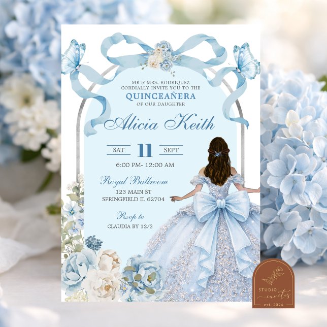 Invitation Nœud Bleu Poussiéreux Coquette Papillon Argent Qui (Créateur téléchargé)