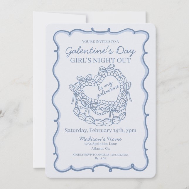 Invitation Nœud Bleu Rétro Cœur Coquette Gâteau Galentine (Devant)