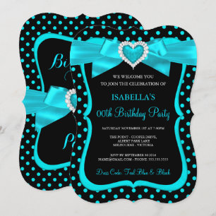 Invitation Nœud bleu sarcelle points noirs anniversaire