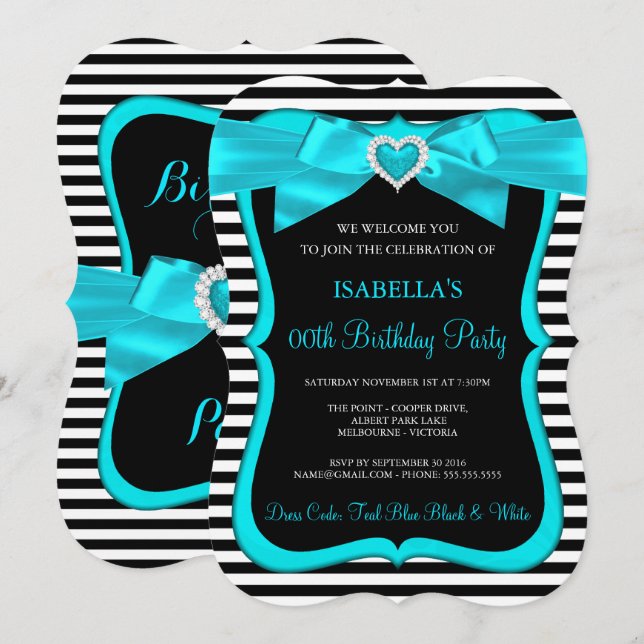 Invitation Nœud bleu sarcelle rayure noire et blanche Fête d' (Devant / Derrière)