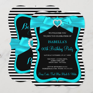 Invitation Nœud bleu sarcelle rayure noire et blanche Fête d'