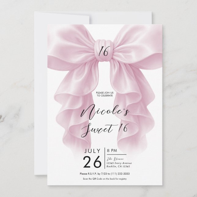 Invitation Nœud Cascade À Fronce Rose Élégant Et Douce Fête 1 (Devant)