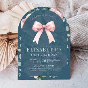 Invitation Nœud Coquette Fleurs Roses Anniversaire 1 an Bleu 