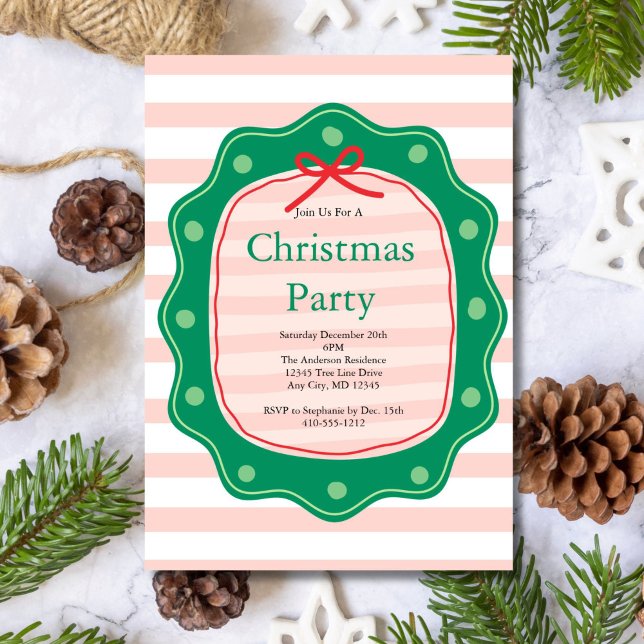 Invitation Nœud Coquette Rayure Rose Rouge Vert Fête de Noël (Pink Stripe Red Green Coquette Bow Doodle Christmas Holiday Invitation, Printed or Digital)