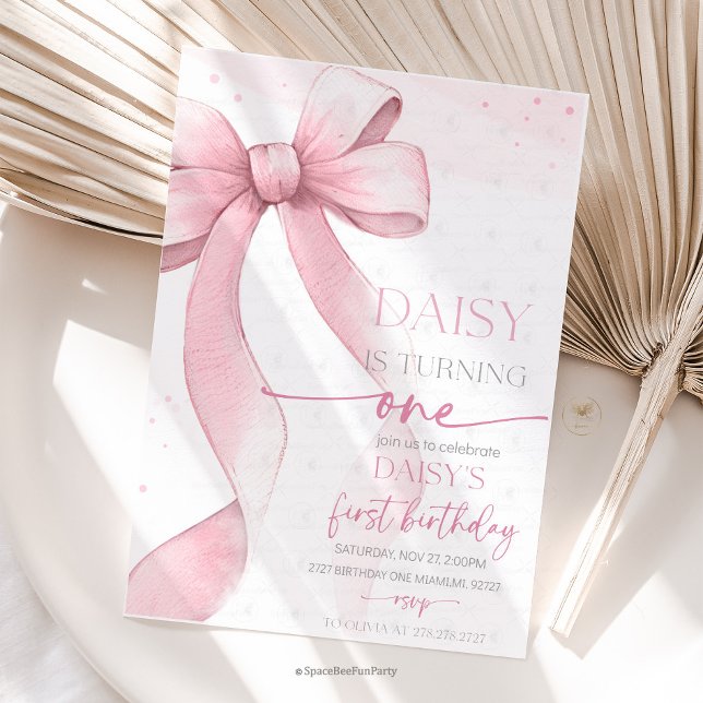 Invitation Nœud Coquette Rose 1er Anniversaire  (Bow Coquette Birthday Invitation )