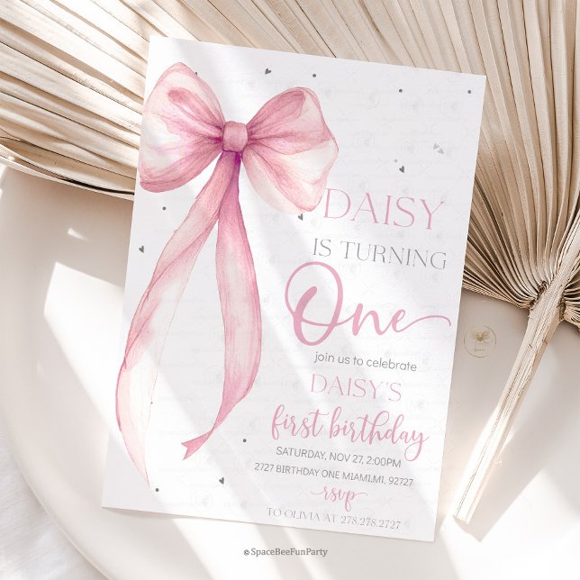 Invitation Nœud Coquette Rose 1er Anniversaire  (Bow Coquette Birthday Invitation )