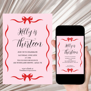 Invitation Nœud Coquette Rose Anniversaire Treize Ans
