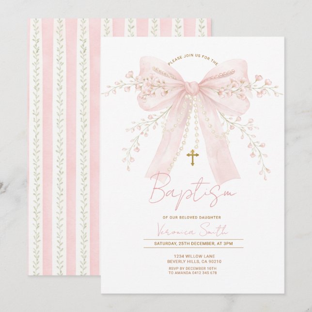Invitation Nœud Coquette Rose Perles Baptême (Devant / Derrière)