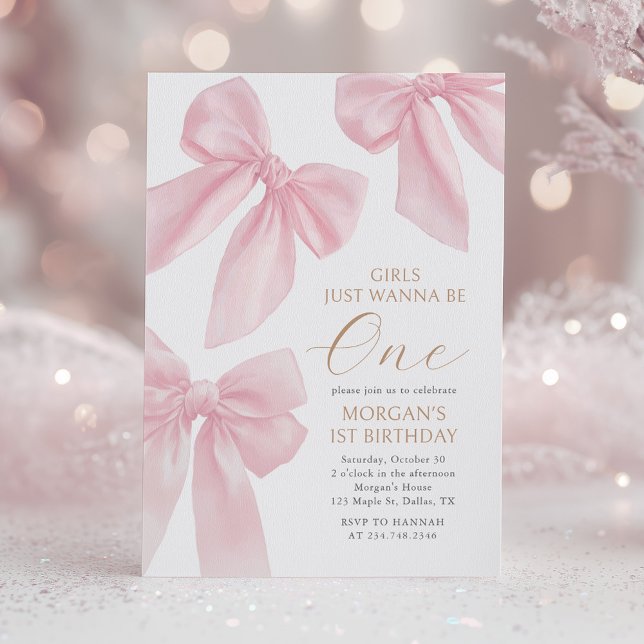 Invitation Nœud Coquette Rose Premier Anniversaire (Créateur téléchargé)