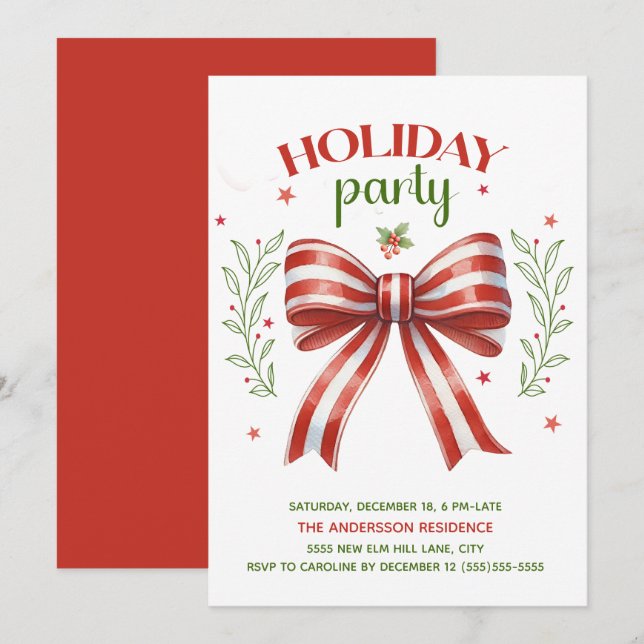 Invitation Nœud Coquette Rouge Blanc Vert Fête de Vacances (Devant / Derrière)