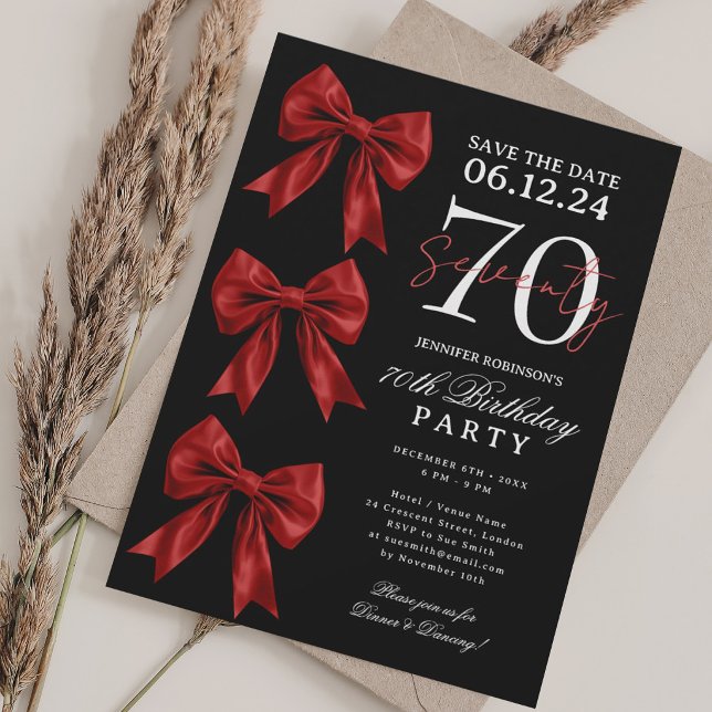Invitation Nœud Coquette Rouge Enregistrer Date 70e Anniversa (Créateur téléchargé)