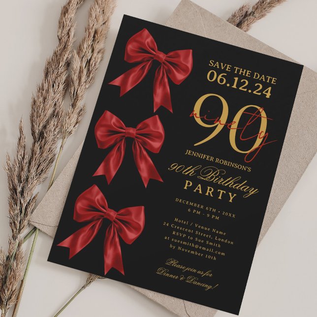 Invitation Nœud Coquette Rouge Enregistrer Date 90e Anniversa (Red Coquette Bow Save Date 90th Birthday Black Invitation)
