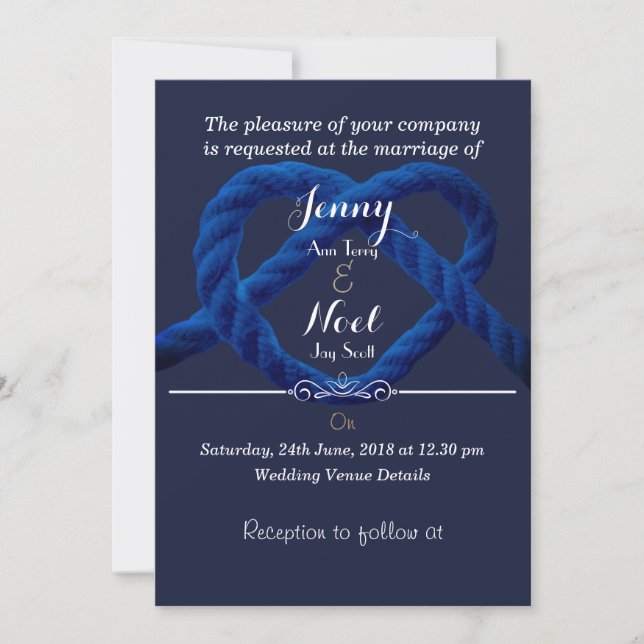 Invitation Noeud d'amour personnalisé bleu marine et blanc po (Devant)